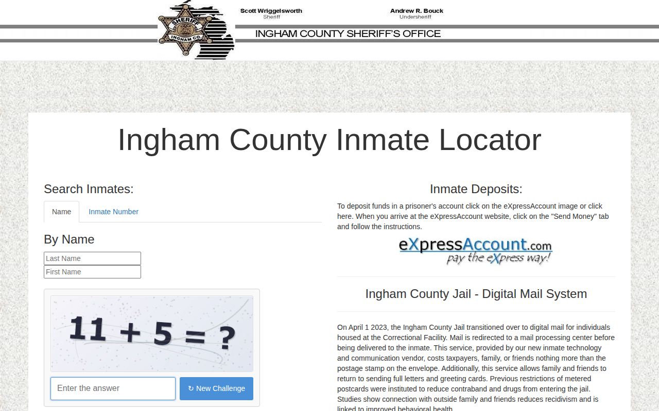 Ingham County current inmate locator without a 24-hour release list