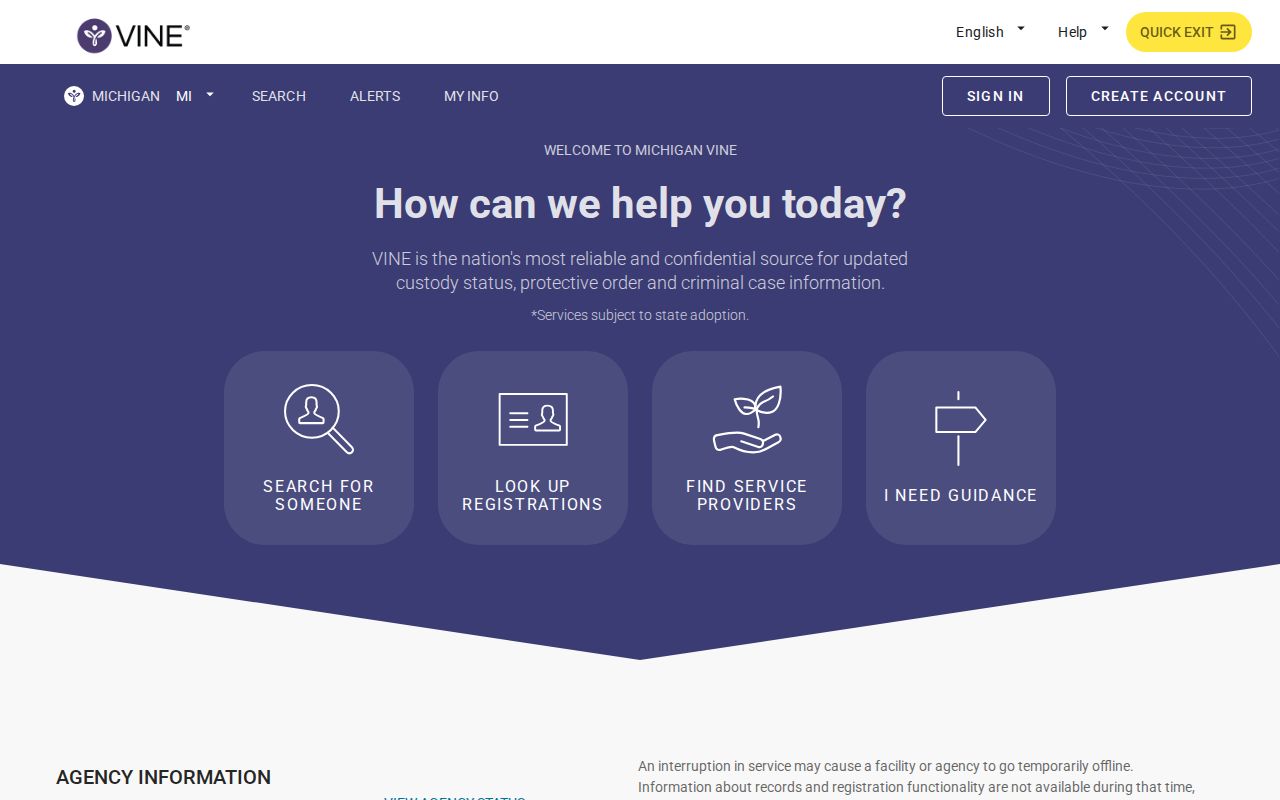 Michigan VINELink search screen for an Ingham County inmate release check