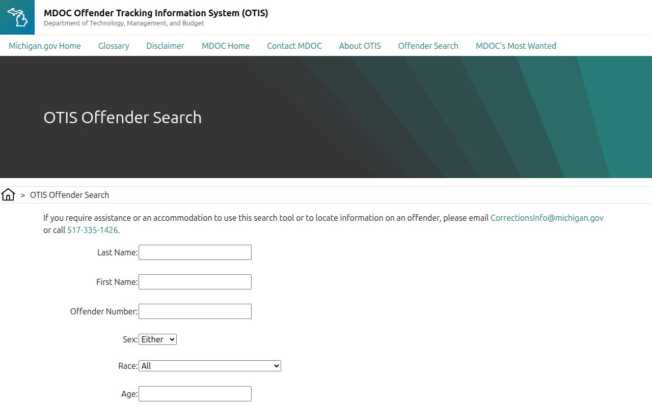 OTIS search fields for Ingham County released inmates under MDOC